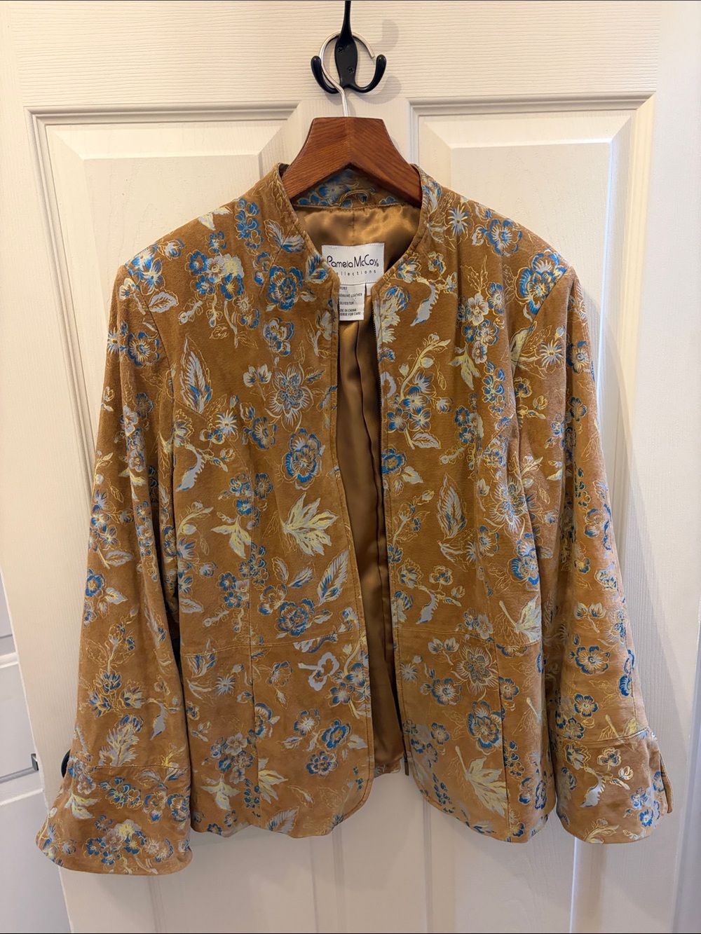 Pamela McCoy Camel Floral Velvet Collarless Jacket with Blue Accents